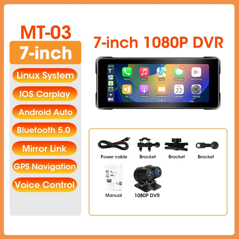 7 Inch Motorcycle GPS with Wireless CarPlay and Android Auto IPX7 Waterproof