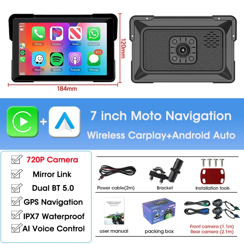 Waterproof CarPlay GPS DVR for Motorcycles 5 & 7 Inch LCD