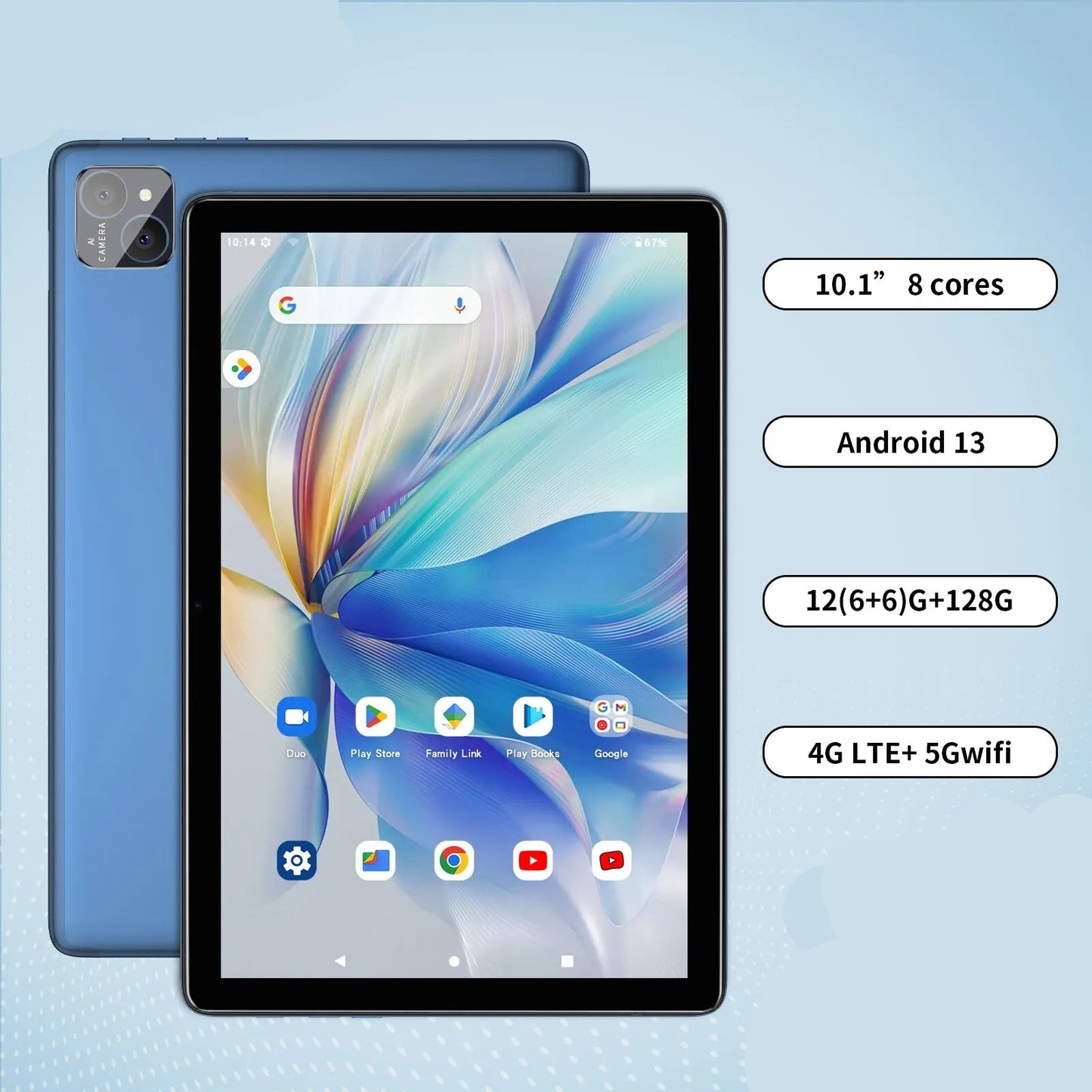 Vasoun Android 13 Tablet 10.1", 12GB(6+6 Expand) RAM, 128GB ROM, Unisco T606 Octa Core, Dual SIM 4G