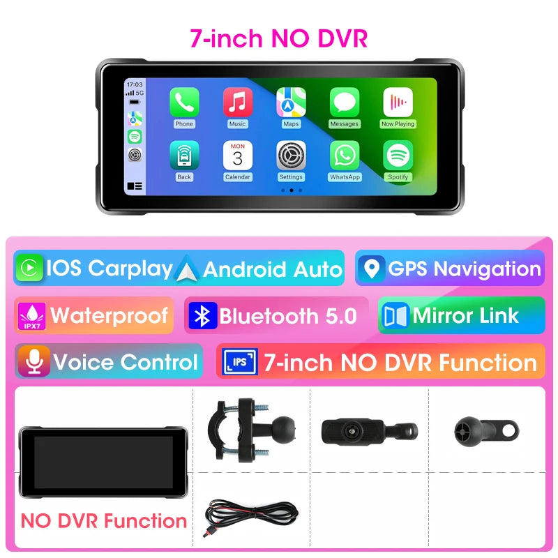7 Inch Motorcycle GPS with Wireless CarPlay and Android Auto IPX7 Waterproof