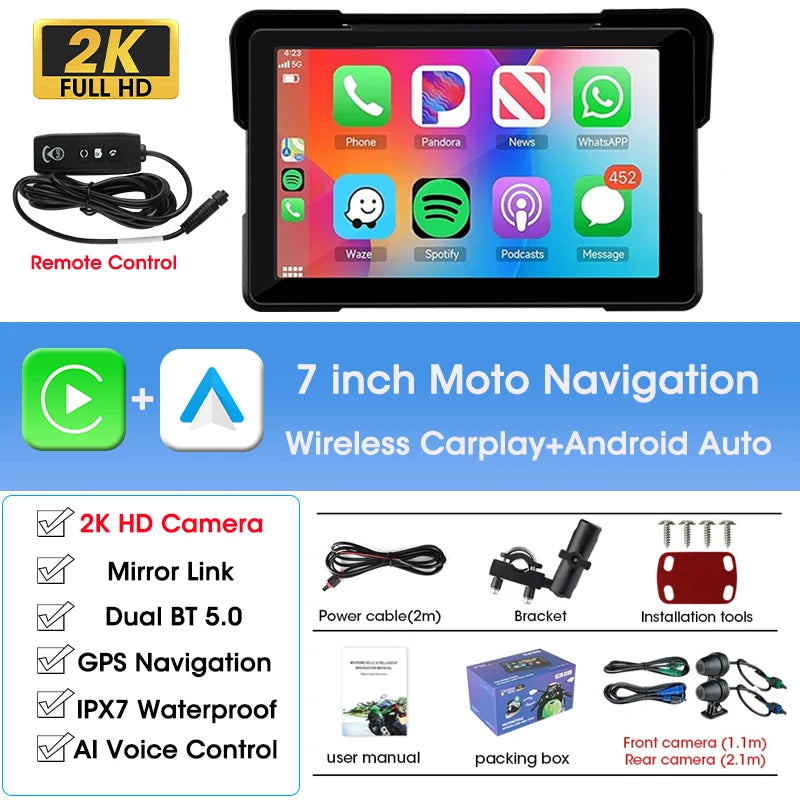 Waterproof CarPlay GPS DVR for Motorcycles 5 & 7 Inch LCD