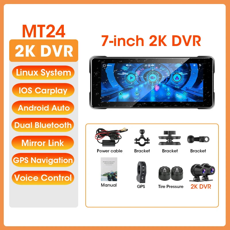 7 Inch Motorcycle GPS with Wireless CarPlay and Android Auto IPX7 Waterproof